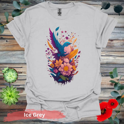 VIbrant Bird and Floral Graphic T-shirt - S / Ice Grey - Physical Item