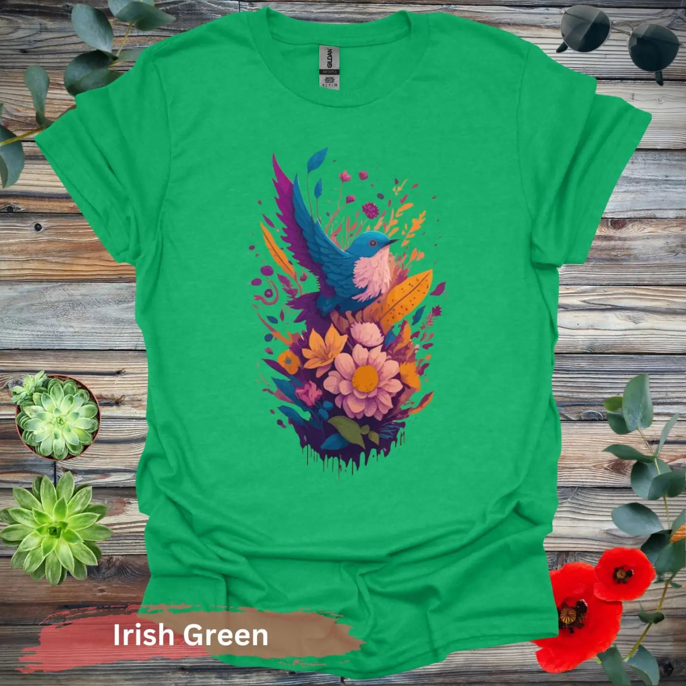 VIbrant Bird and Floral Graphic T-shirt - S / Irish Green - Physical Item