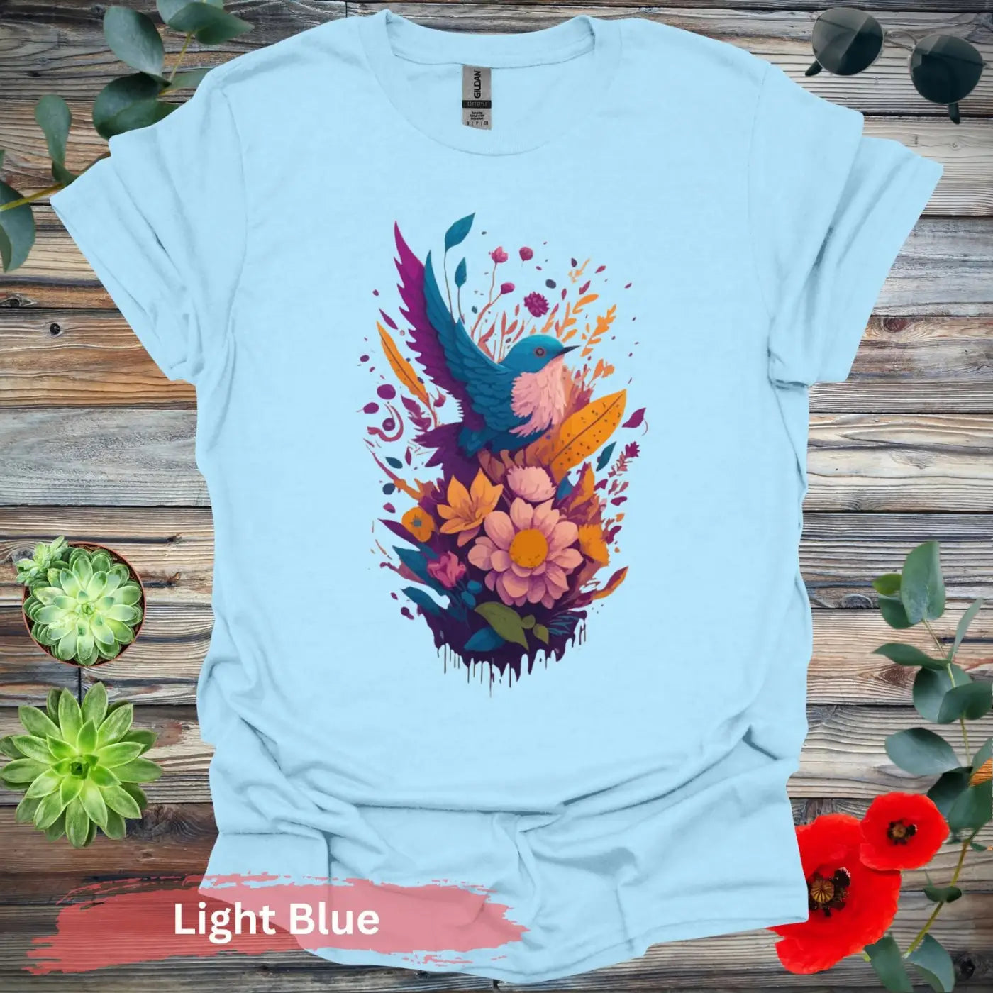 VIbrant Bird and Floral Graphic T-shirt - S / Light Blue - Physical Item