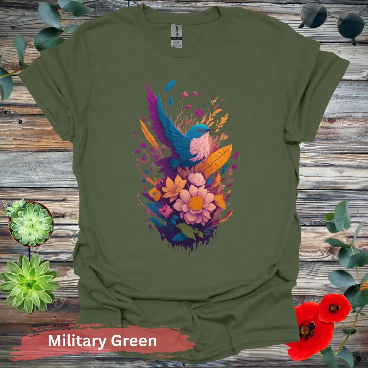 VIbrant Bird and Floral Graphic T-shirt - S / Military Green - Physical Item