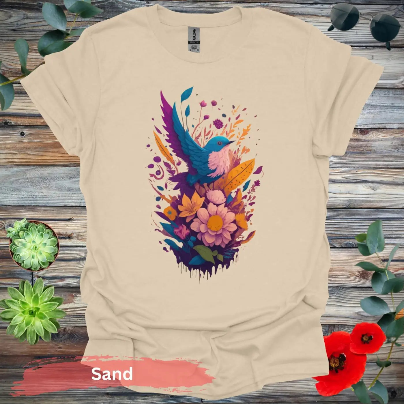 VIbrant Bird and Floral Graphic T-shirt - S / Sand - Physical Item