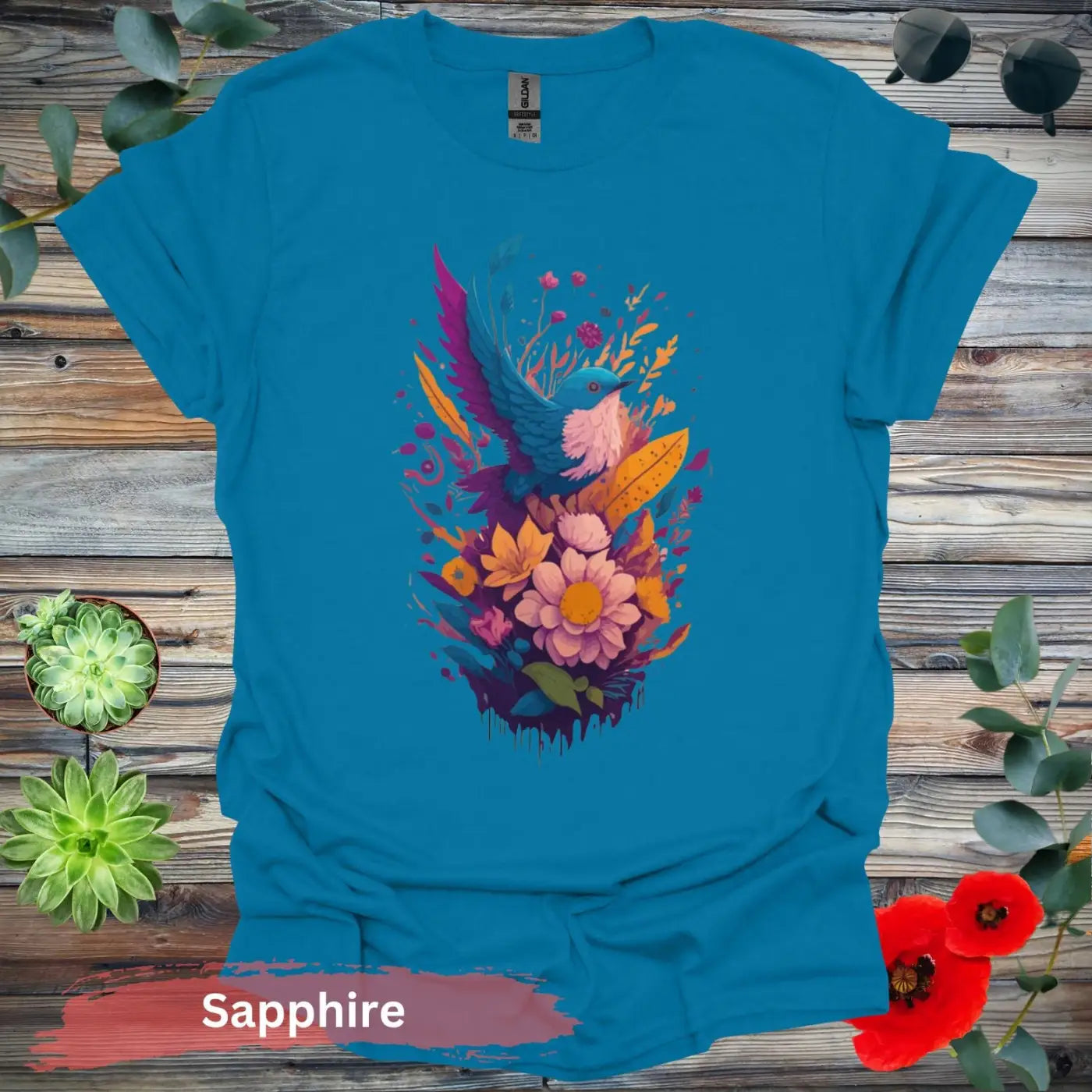 VIbrant Bird and Floral Graphic T-shirt - S / Sapphire - Physical Item