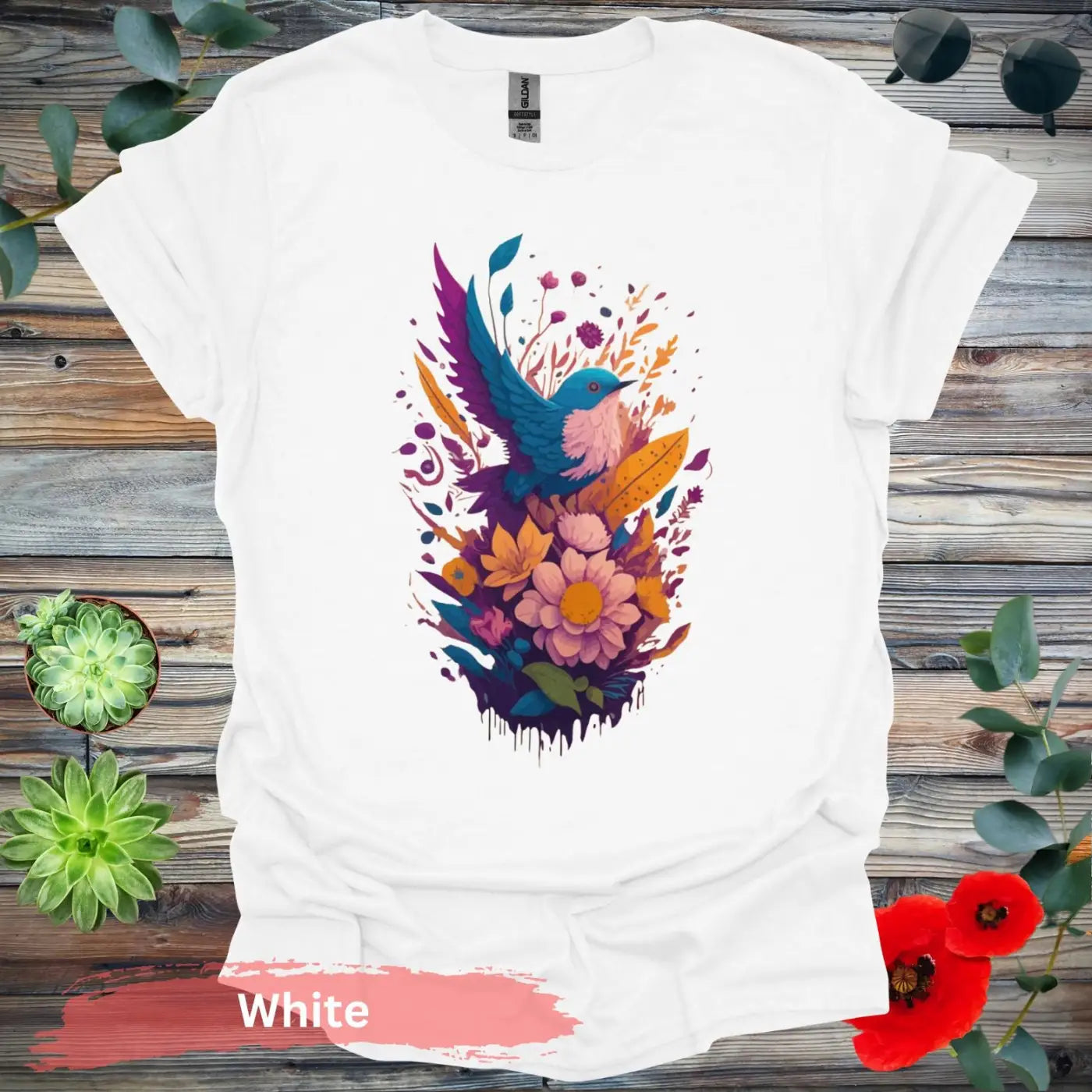 VIbrant Bird and Floral Graphic T-shirt - S / White - Physical Item