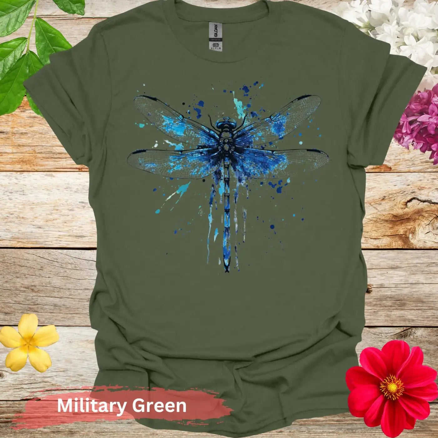 Blue Dragonfly Watercolor T-Shirt - S / Military Green - Physical Item