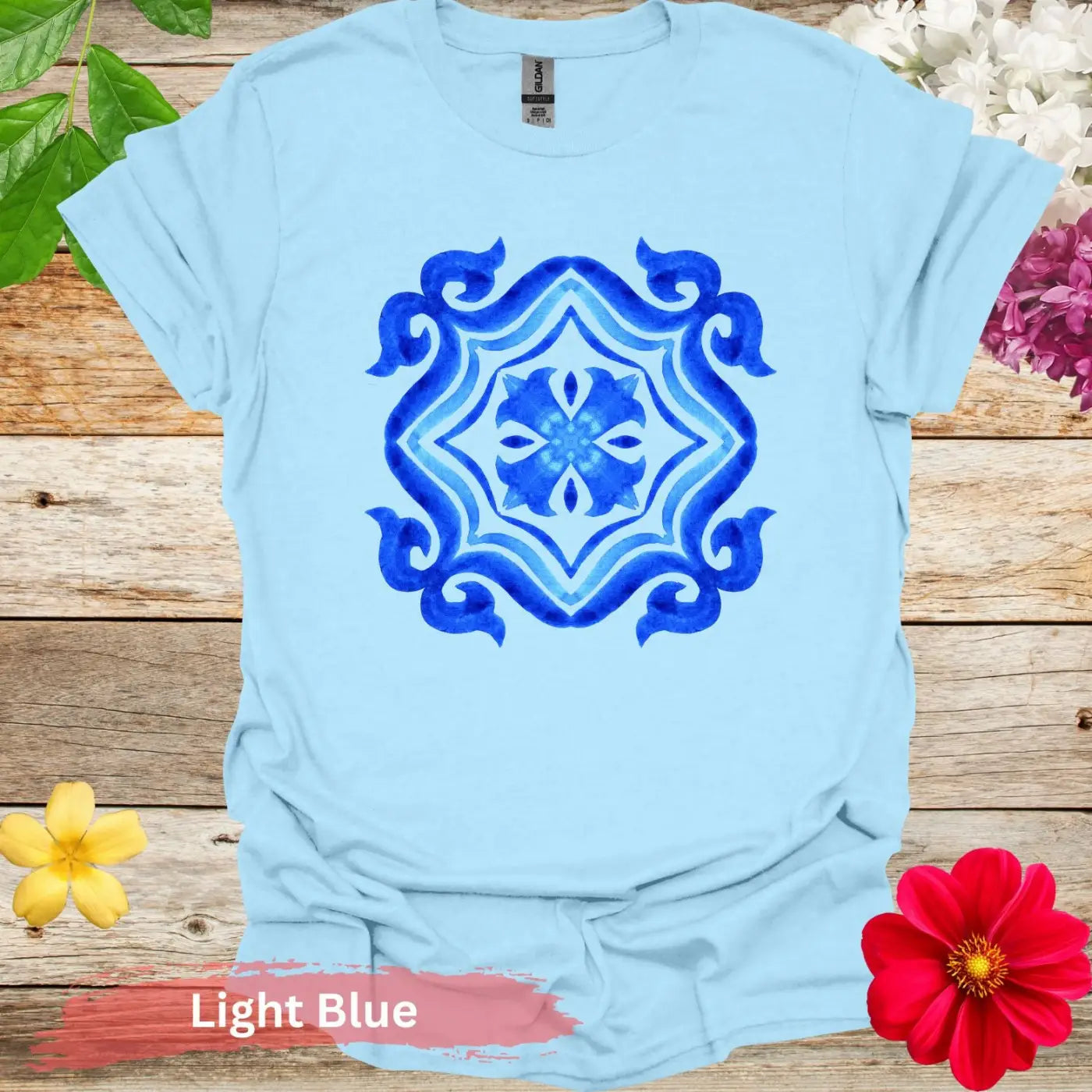 Watercolor Azulejo Tile Pattern T-shirt - S / Light Blue - Physical Item