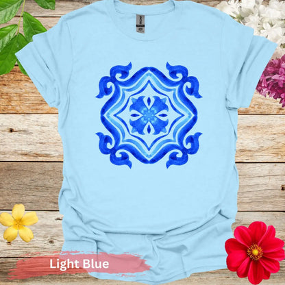 Watercolor Azulejo Tile Pattern T-shirt - S / Light Blue - Physical Item