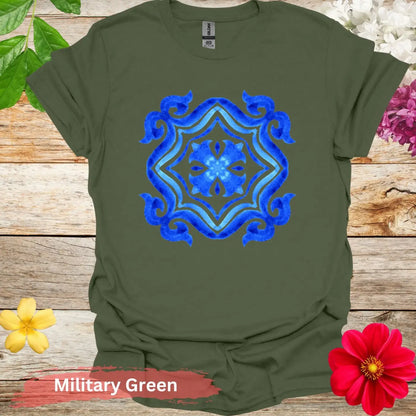 Watercolor Azulejo Tile Pattern T-shirt - S / Military Green - Physical Item