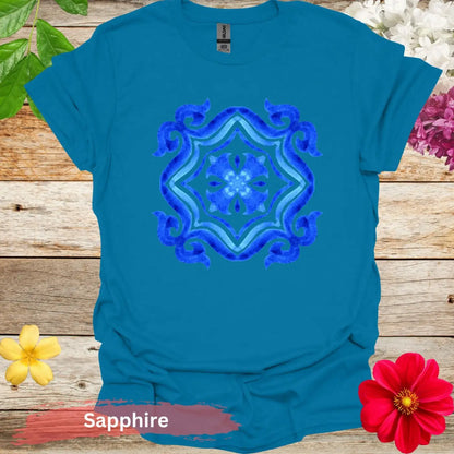 Watercolor Azulejo Tile Pattern T-shirt - S / Sapphire - Physical Item