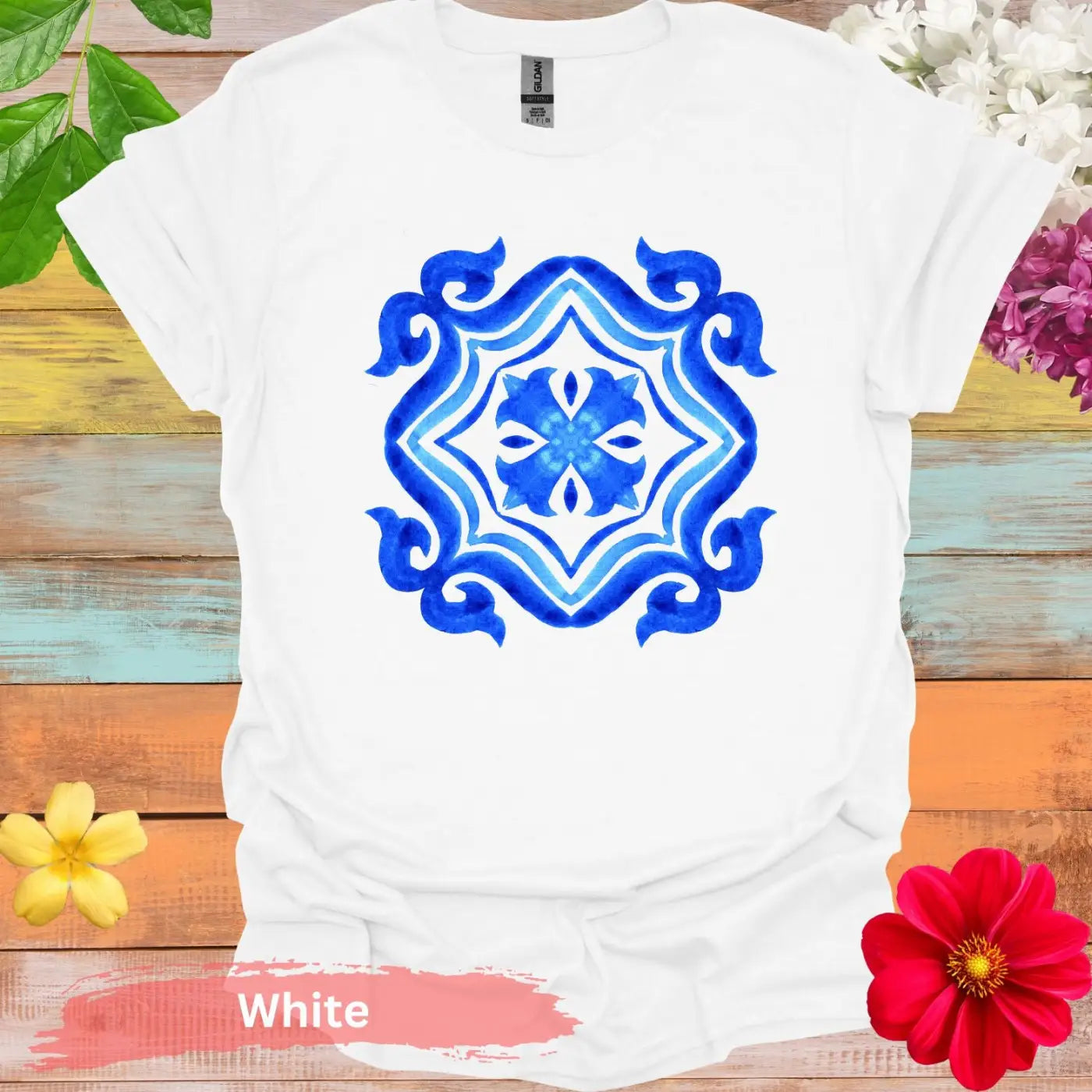 Watercolor Azulejo Tile Pattern T-shirt - S / White - Physical Item