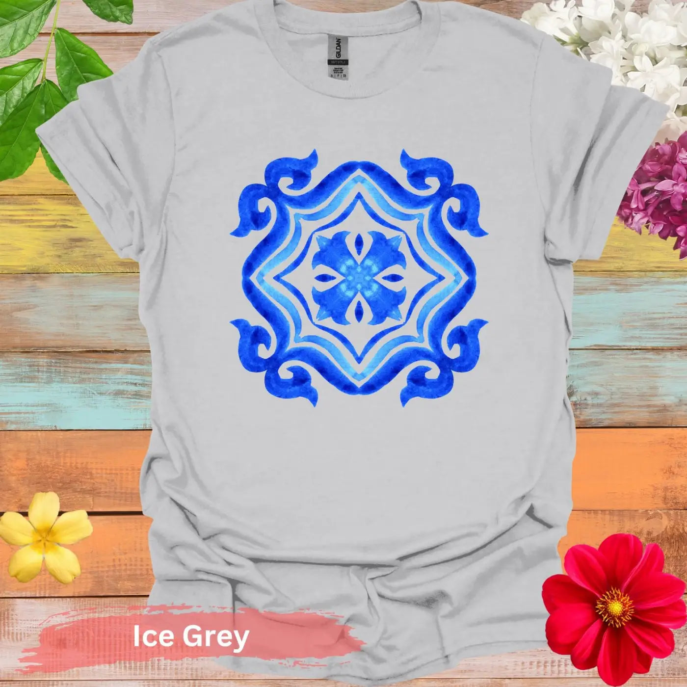 Watercolor Azulejo Tile Pattern T-shirt - S / Ice Grey - Physical Item