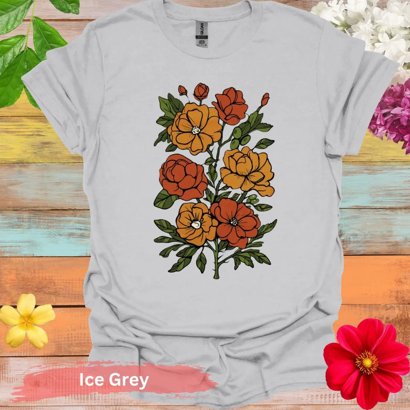 Vibrant Floral Illustration Graphic T-shirt - S / Ice Grey - Physical Item