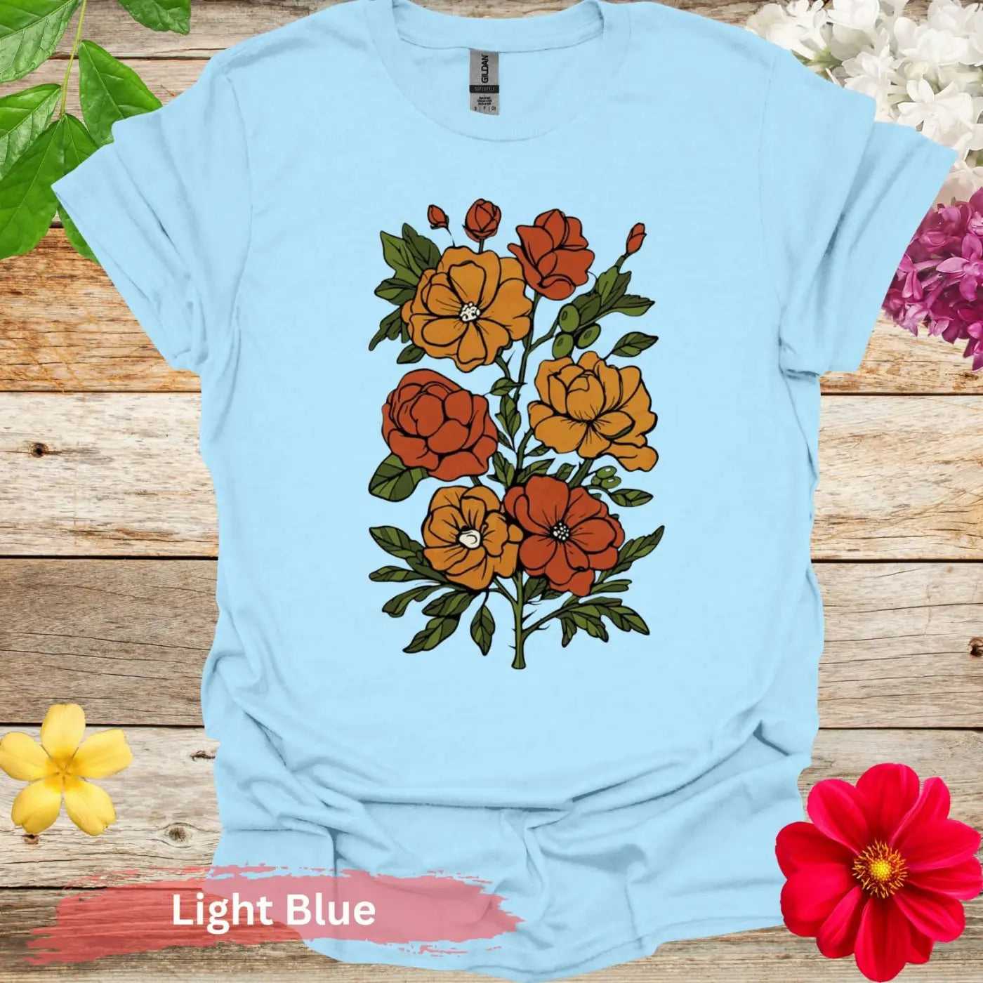 Vibrant Floral Illustration Graphic T-shirt - S / Light Blue - Physical Item