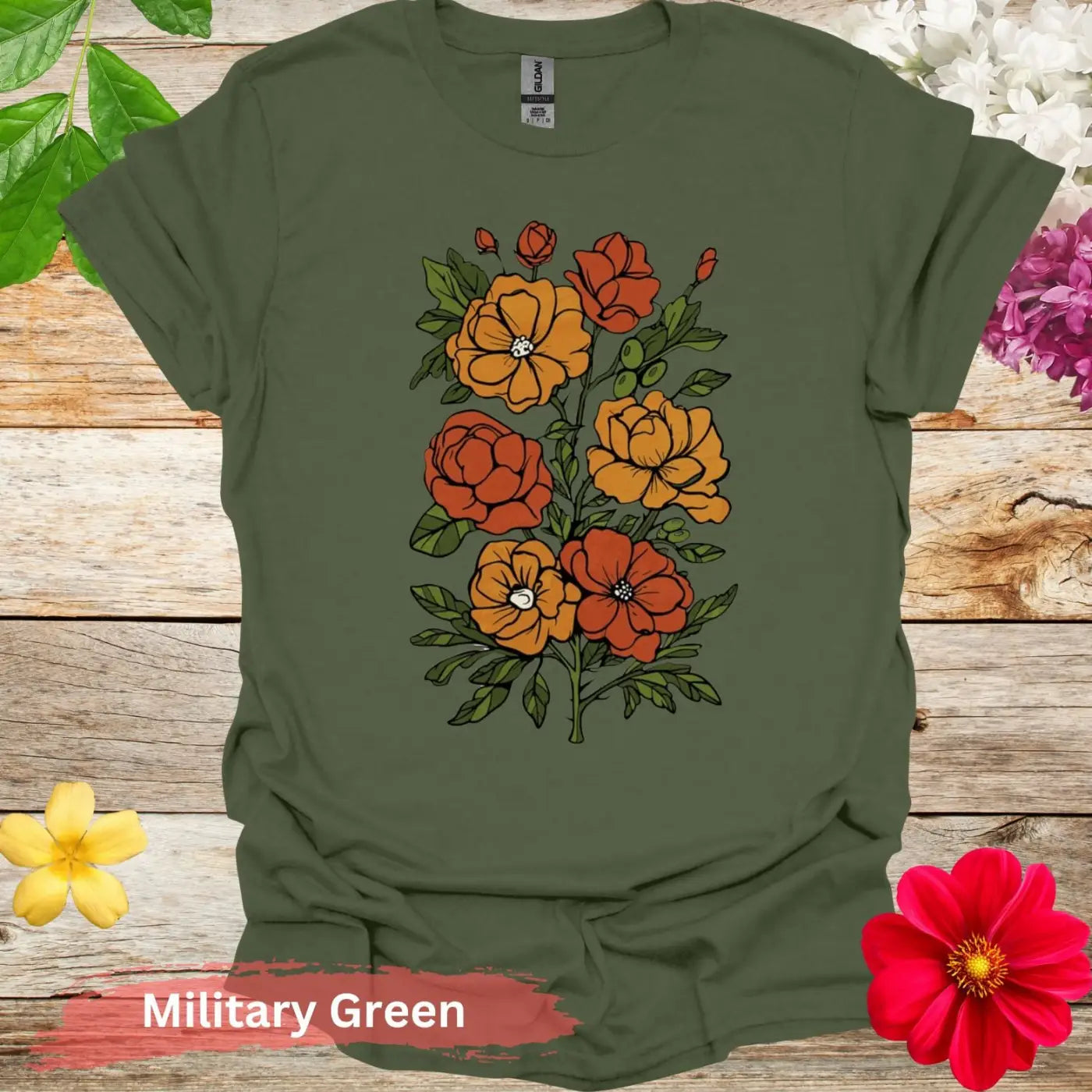 Vibrant Floral Illustration Graphic T-shirt - S / Military Green - Physical Item