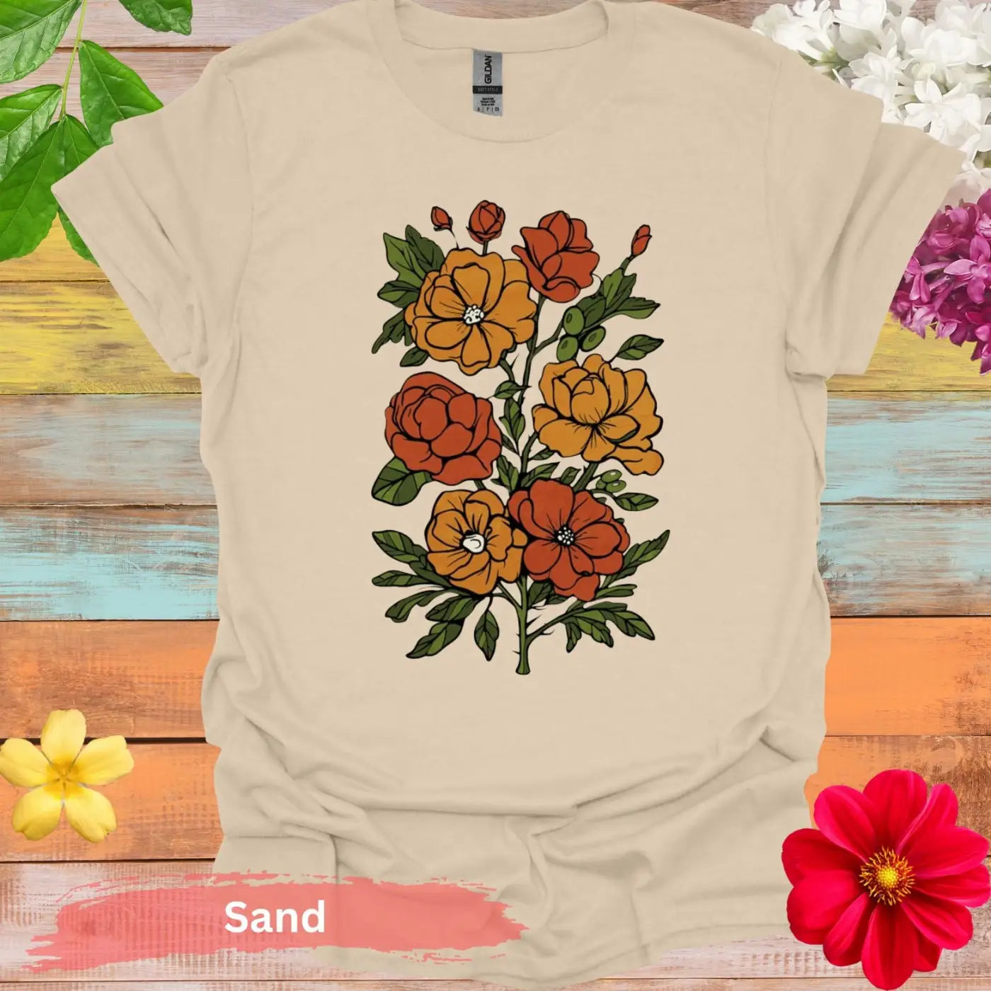 Vibrant Floral Illustration Graphic T-shirt - S / Sand - Physical Item