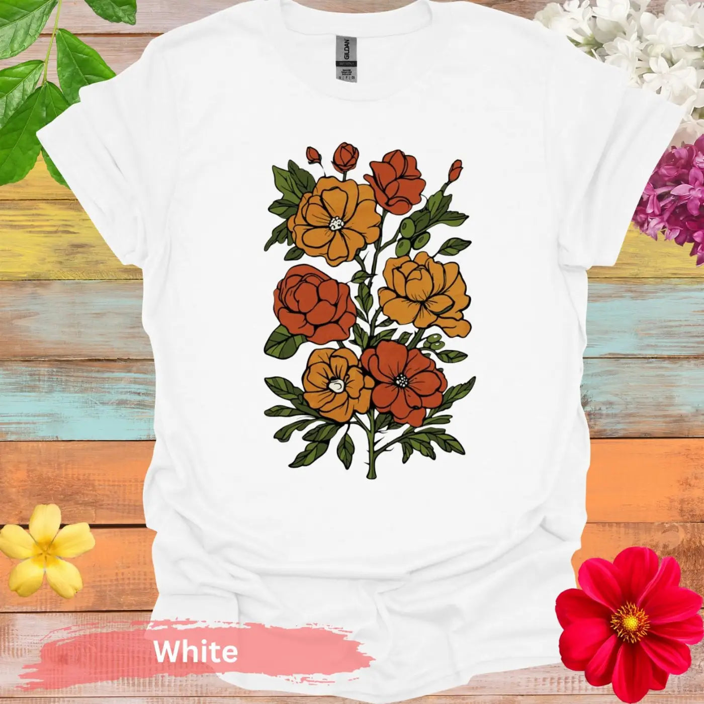 Vibrant Floral Illustration Graphic T-shirt - S / White - Physical Item