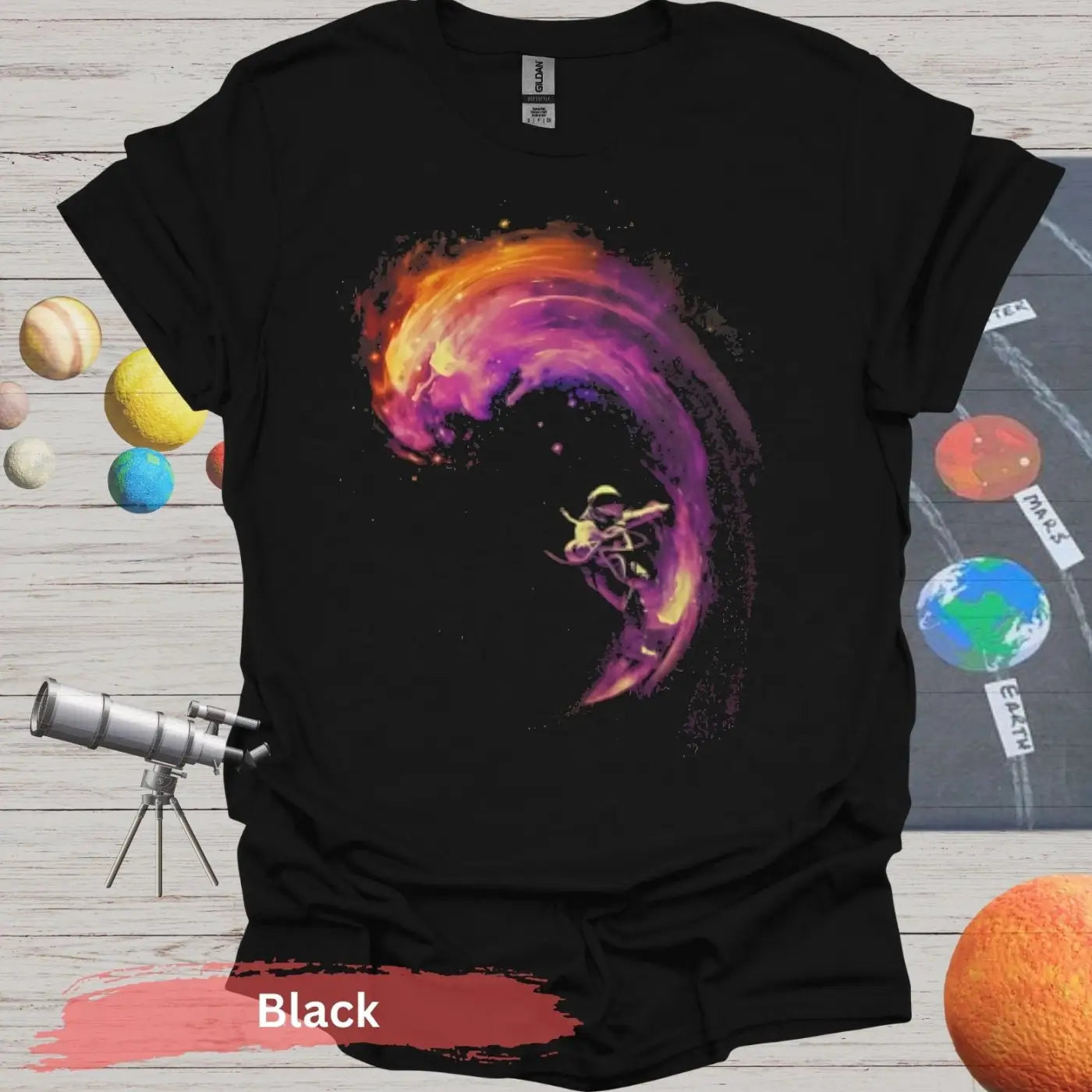 Vibrant Fluidity: Abstract Wave & Humanoid T-Shirt - S / Black - Physical Item