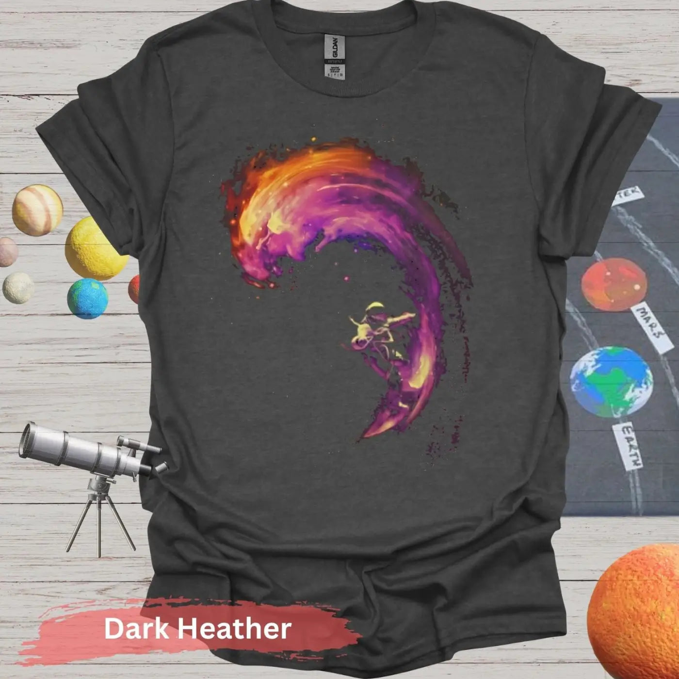 Vibrant Fluidity: Abstract Wave & Humanoid T-Shirt - S / Dark Heather - Physical Item