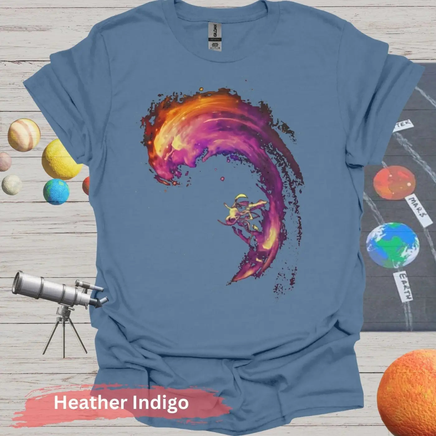 Vibrant Fluidity: Abstract Wave & Humanoid T-Shirt - S / Heather Indigo - Physical Item