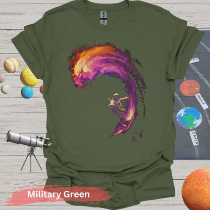 Vibrant Fluidity: Abstract Wave & Humanoid T-Shirt - S / Military Green - Physical Item