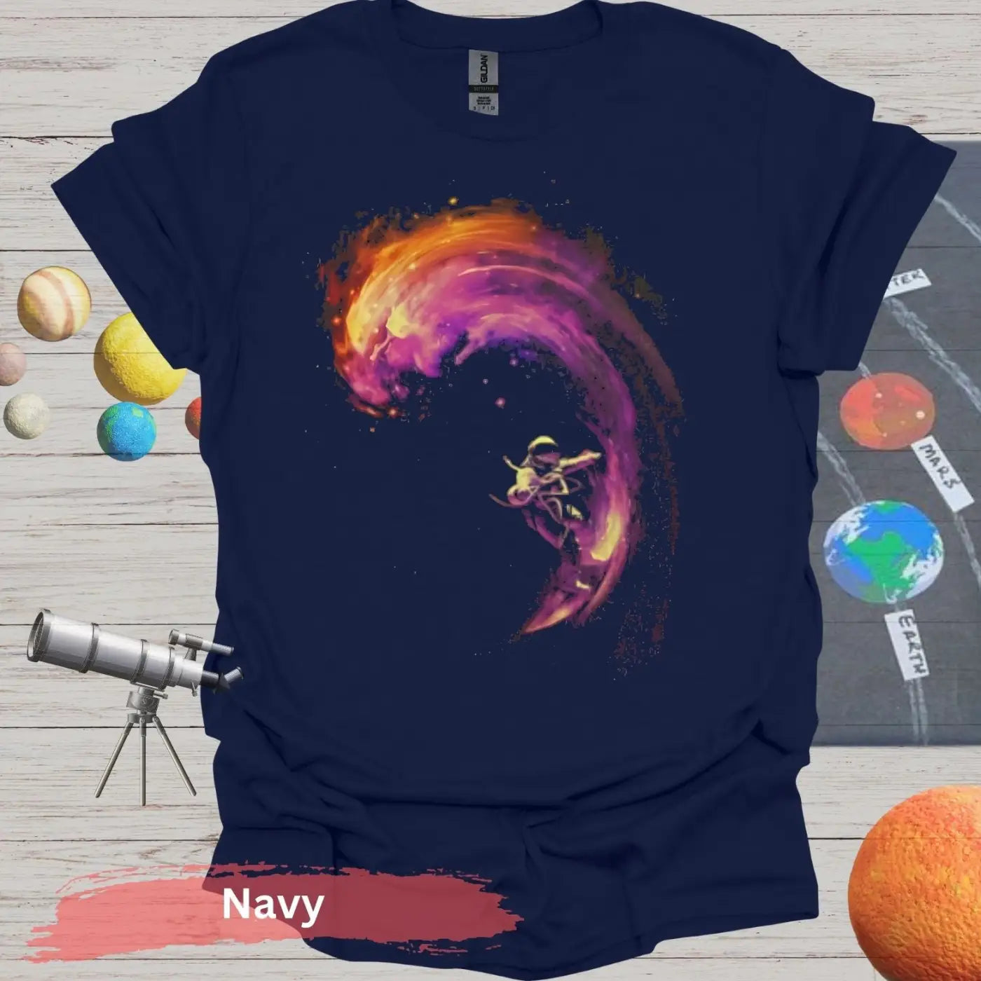 Vibrant Fluidity: Abstract Wave & Humanoid T-Shirt - S / Navy - Physical Item