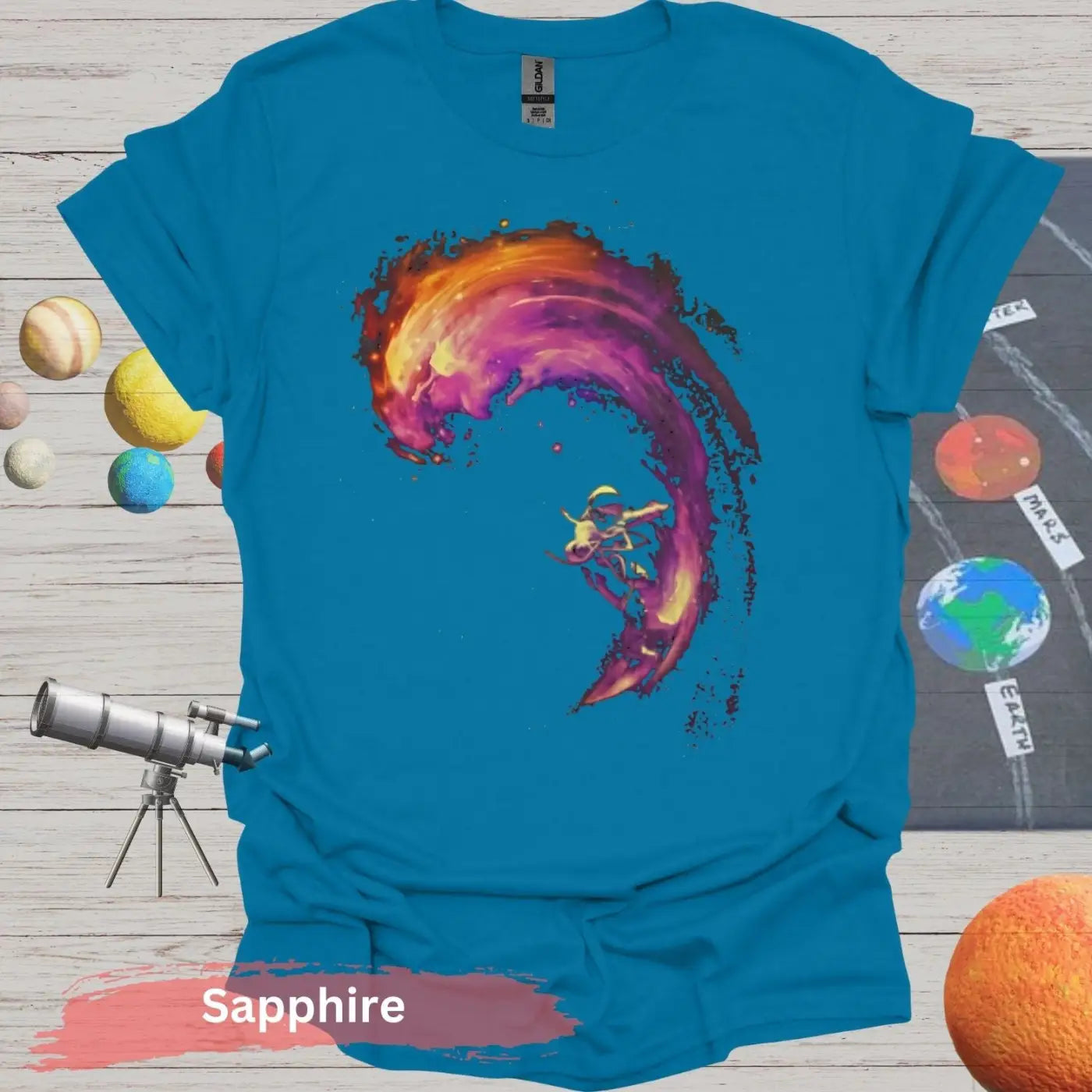 Vibrant Fluidity: Abstract Wave & Humanoid T-Shirt - S / Sapphire - Physical Item