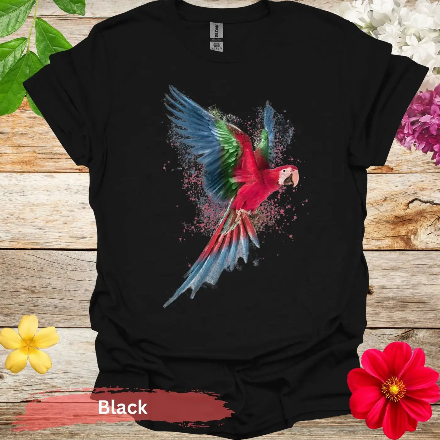 Vibrant Flying Parrot Graphic T-Shirt - S / Black - Physical Item