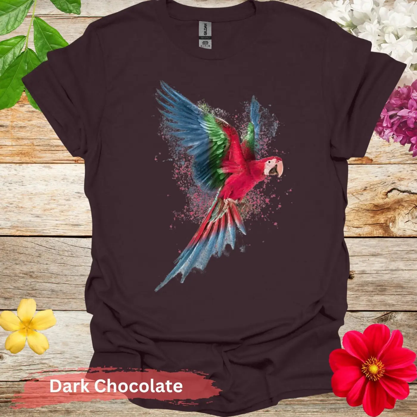 Vibrant Flying Parrot Graphic T-Shirt - S / Dark Chocolate - Physical Item