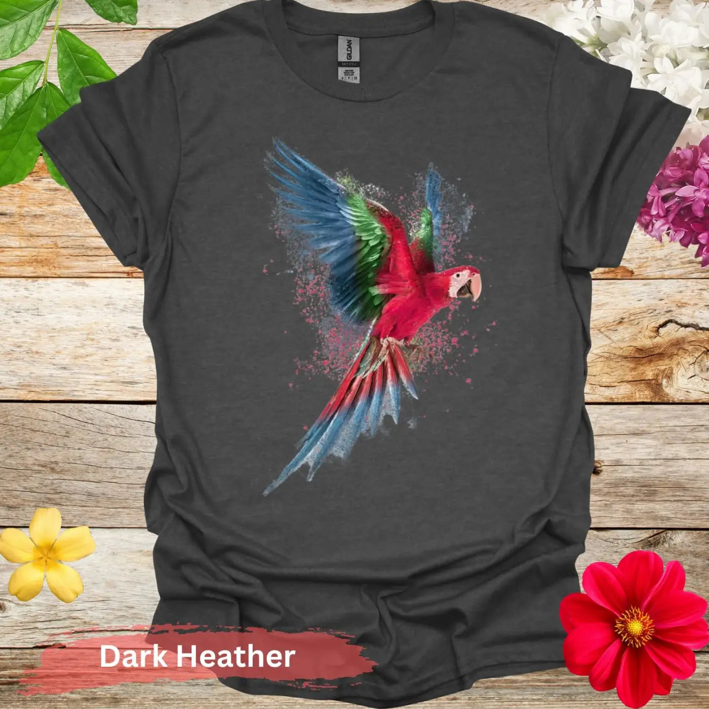 Vibrant Flying Parrot Graphic T-Shirt - S / Dark Heather - Physical Item