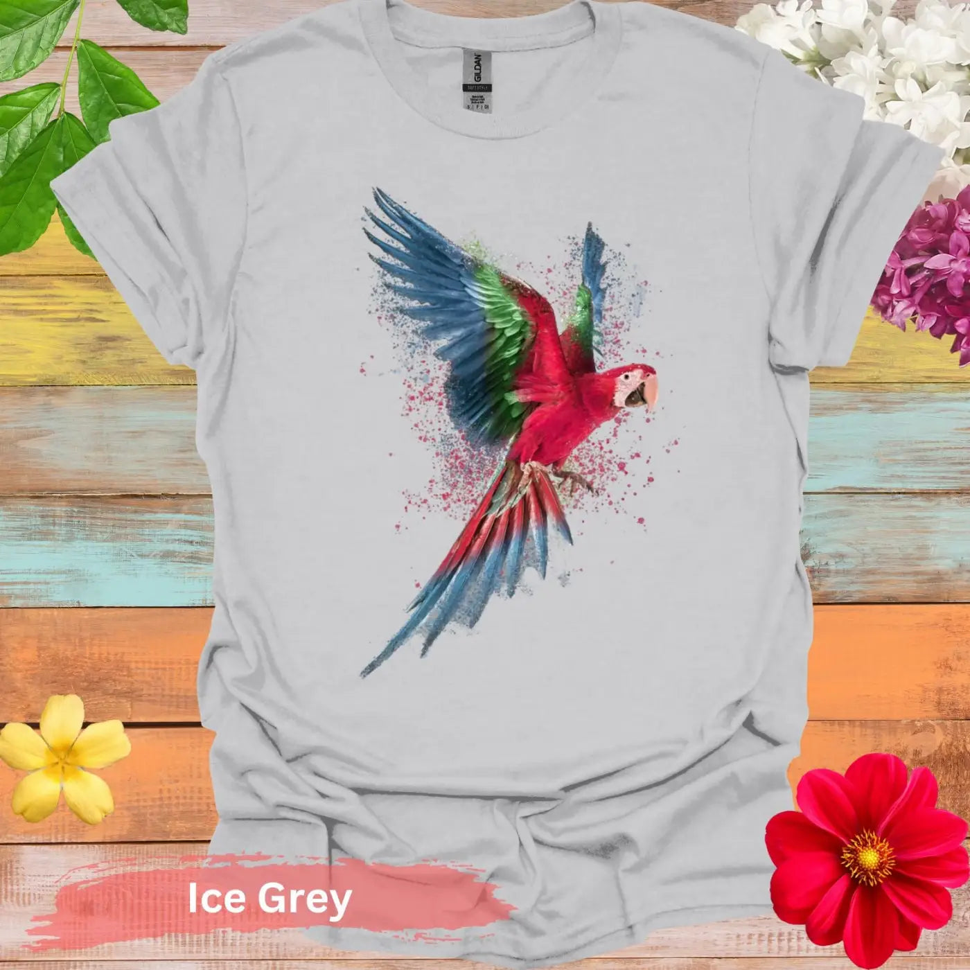 Vibrant Flying Parrot Graphic T-Shirt - S / Ice Grey - Physical Item