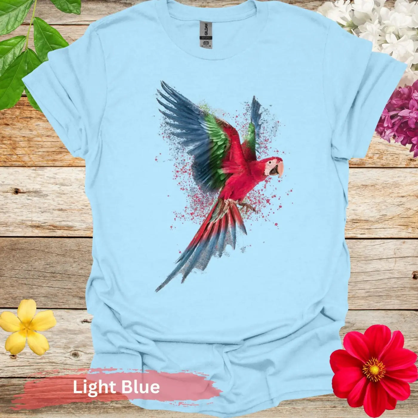 Vibrant Flying Parrot Graphic T-Shirt - S / Light Blue - Physical Item