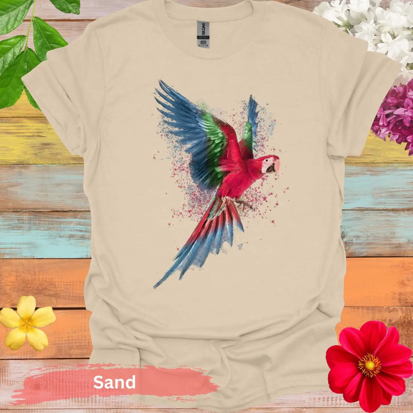 Vibrant Flying Parrot Graphic T-Shirt - S / Sand - Physical Item