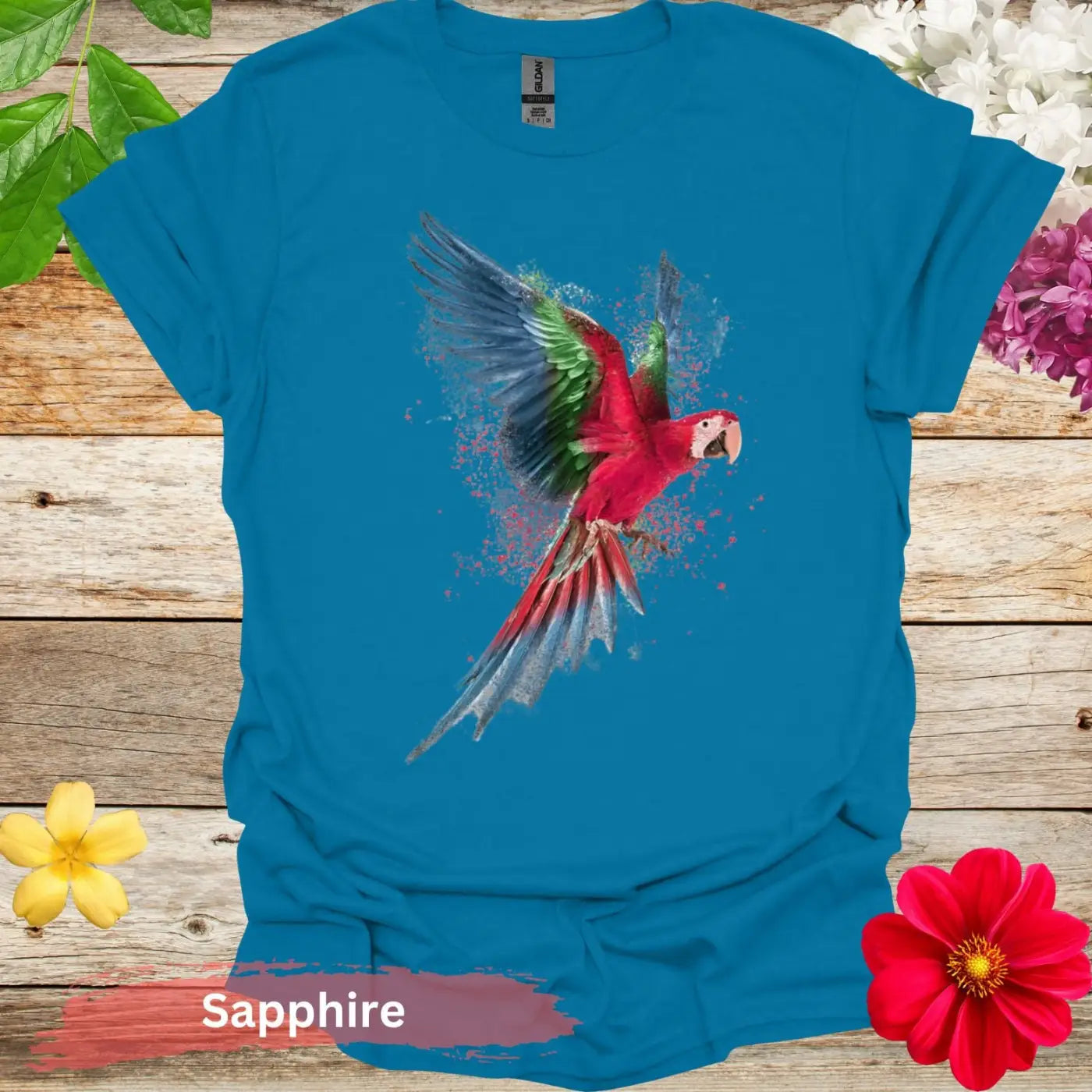 Vibrant Flying Parrot Graphic T-Shirt - S / Sapphire - Physical Item