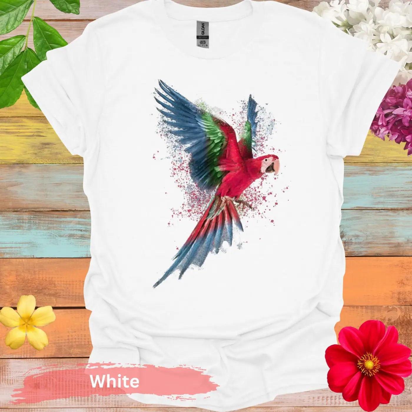 Vibrant Flying Parrot Graphic T-Shirt - S / White - Physical Item