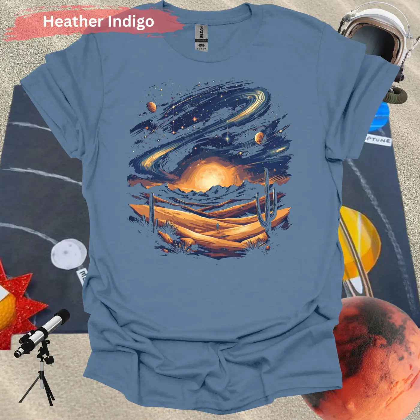 Vibrant Galaxy Desert Landscape T-Shirt - S / Heather Indigo - Physical Item