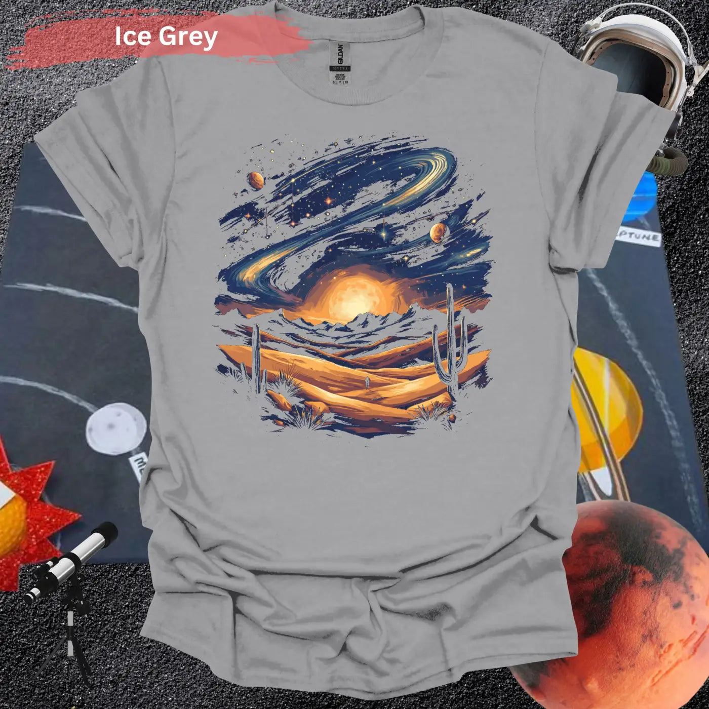 Vibrant Galaxy Desert Landscape T-Shirt - S / Ice Grey - Physical Item