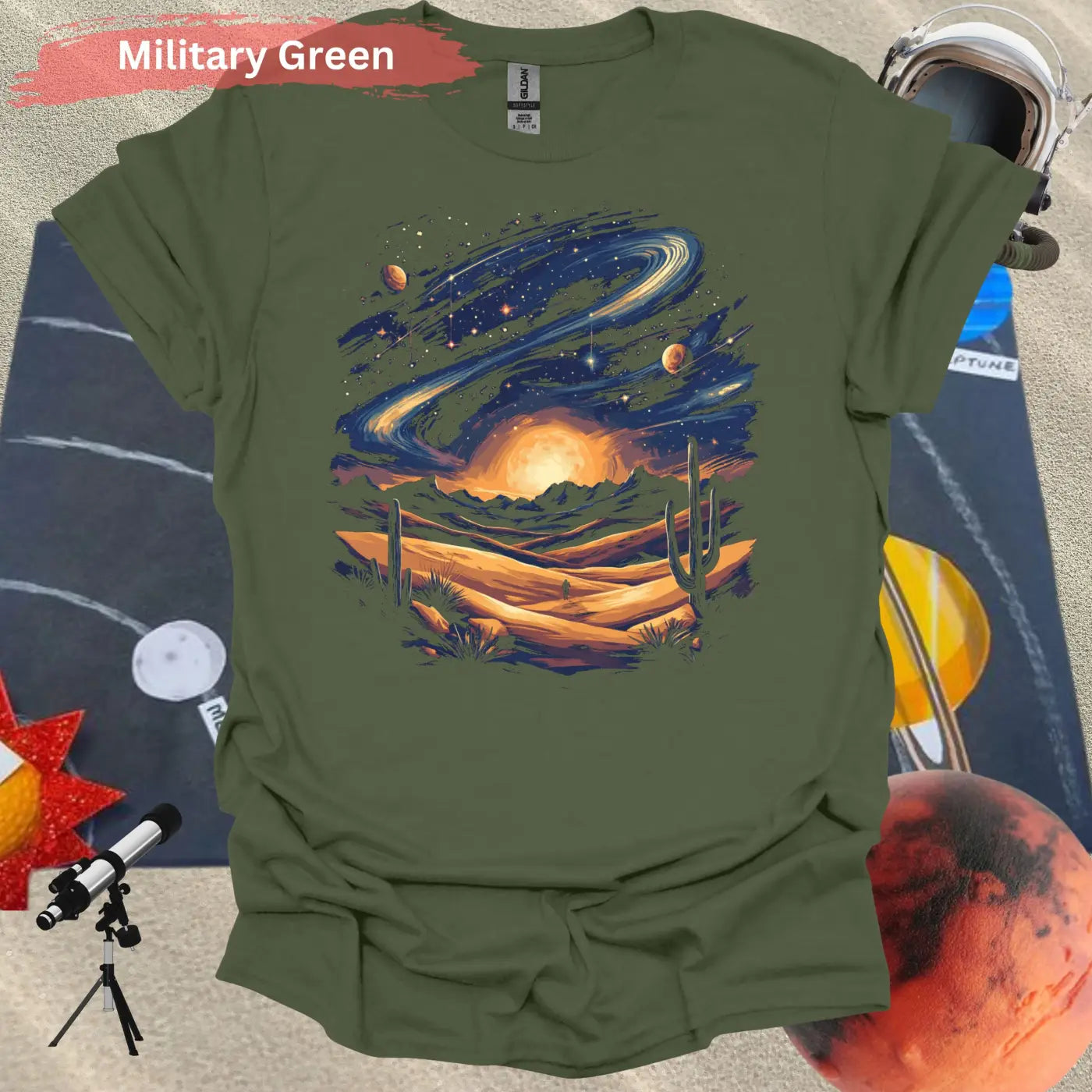 Vibrant Galaxy Desert Landscape T-Shirt - S / Military Green - Physical Item