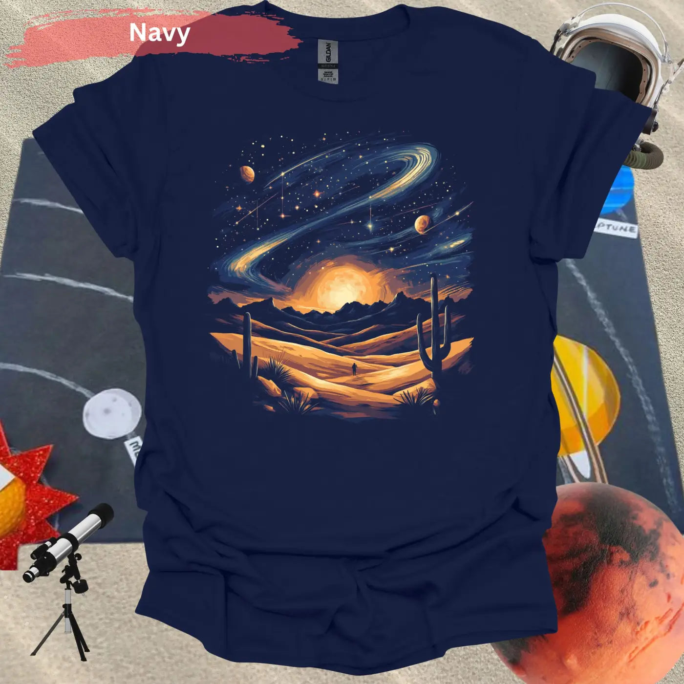 Vibrant Galaxy Desert Landscape T-Shirt - S / Navy - Physical Item