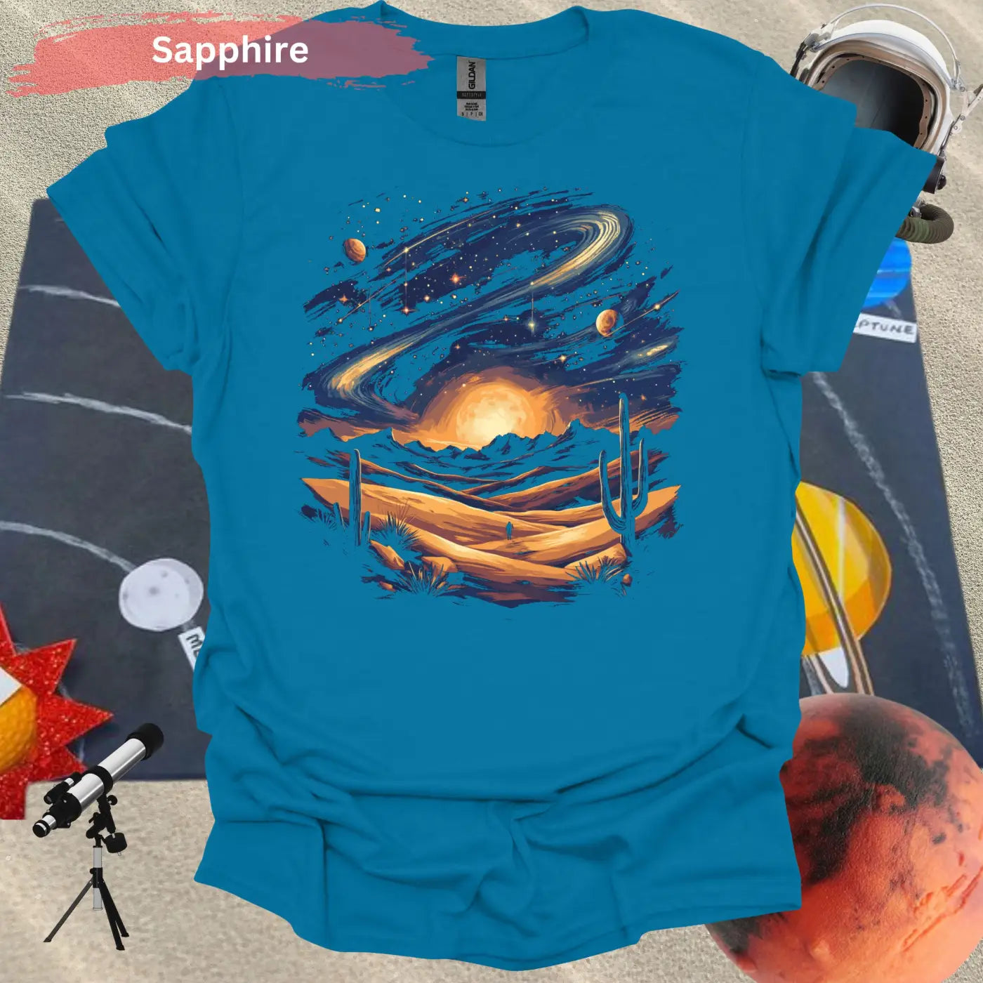 Vibrant Galaxy Desert Landscape T-Shirt - S / Sapphire - Physical Item