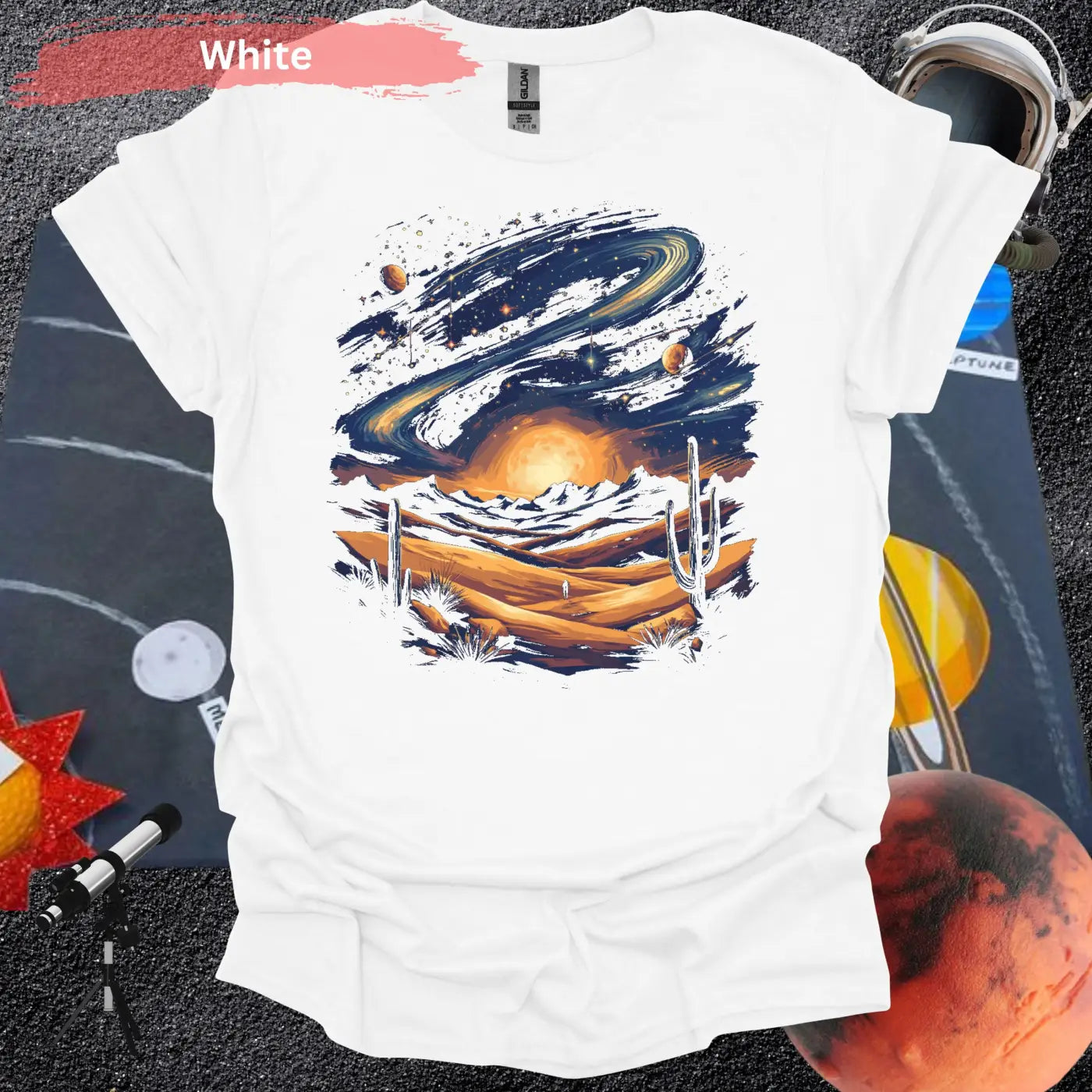 Vibrant Galaxy Desert Landscape T-Shirt - S / White - Physical Item