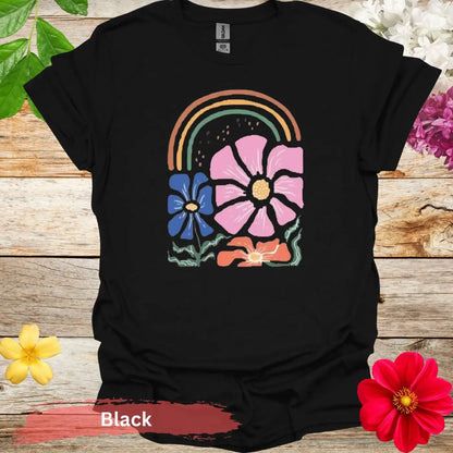 Rainbow and Floral T-shirt - S / Black - Physical Item