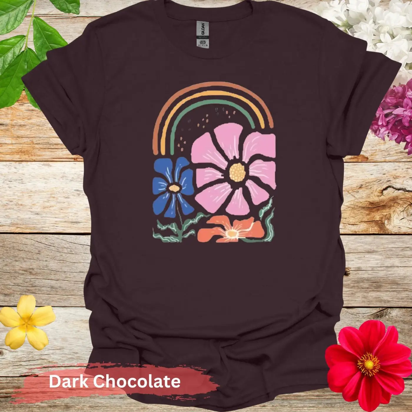 Rainbow and Floral T-shirt - S / Dark Chocolate - Physical Item