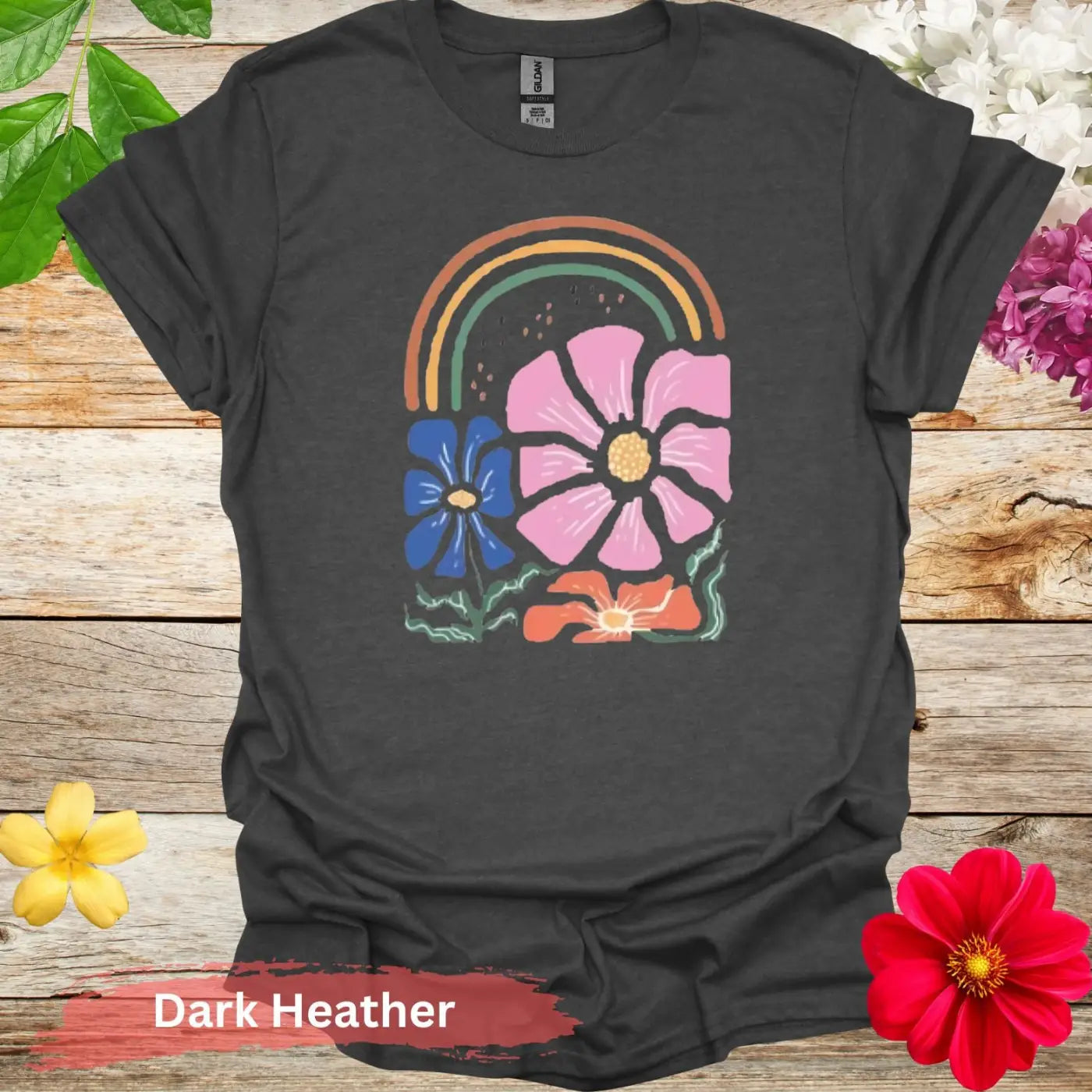 Rainbow and Floral T-shirt - S / Dark Heather - Physical Item