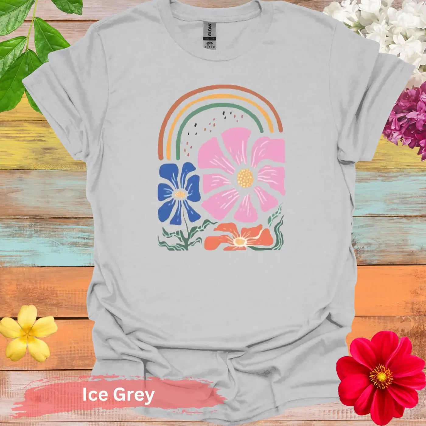 Rainbow and Floral T-shirt - S / Ice Grey - Physical Item