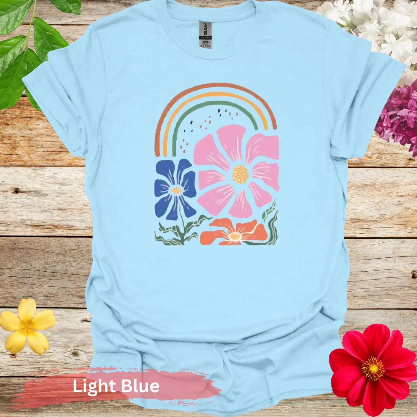 Rainbow and Floral T-shirt - S / Light Blue - Physical Item