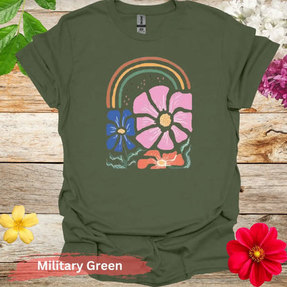 Rainbow and Floral T-shirt - S / Military Green - Physical Item