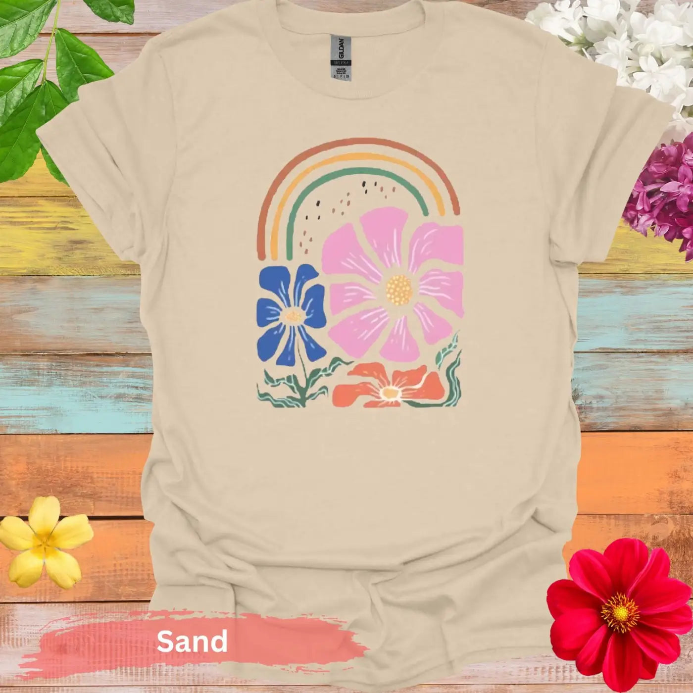 Rainbow and Floral T-shirt - S / Sand - Physical Item