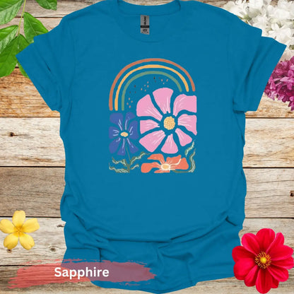 Rainbow and Floral T-shirt - S / Sapphire - Physical Item