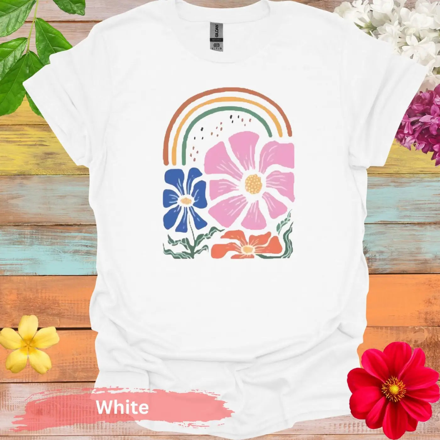 Rainbow and Floral T-shirt - S / White - Physical Item