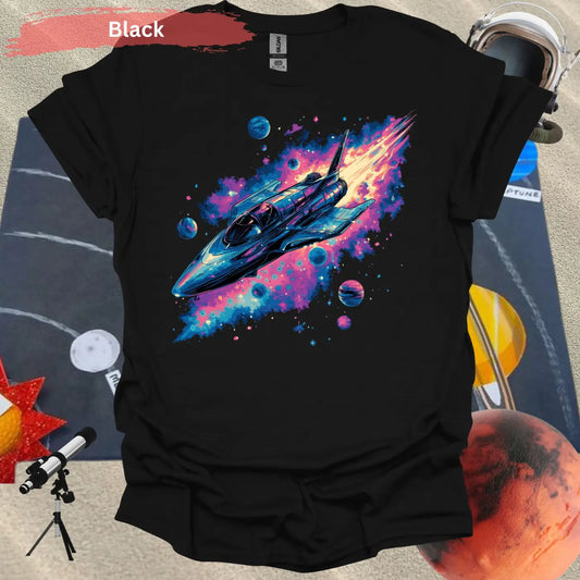 Vibrant Rocket Ship with Cosmic Planets Shirt - S / Black - Physical Item