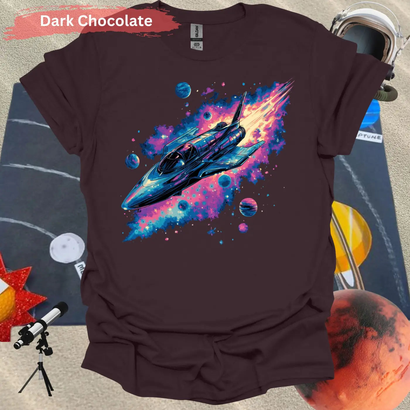 Vibrant Rocket Ship with Cosmic Planets Shirt - S / Dark Chocolate - Physical Item